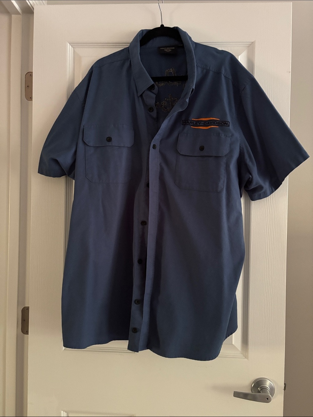 Harley-Davidson Men’s Short Sleeve Button-Down Shirt in Slate Blue with Patch